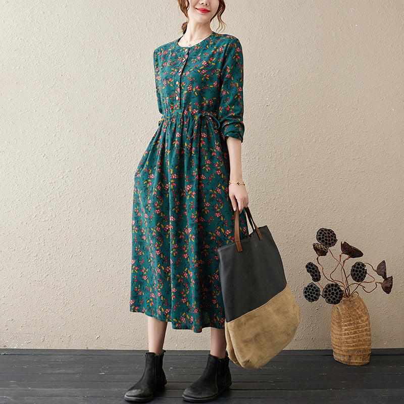 Autumn Gardens Midi Dress - Literary Floral Cotton Blend