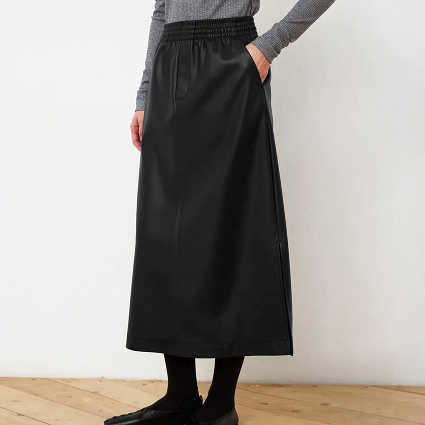 Black Vegan Leather Midi Skirt - A-Line Cut