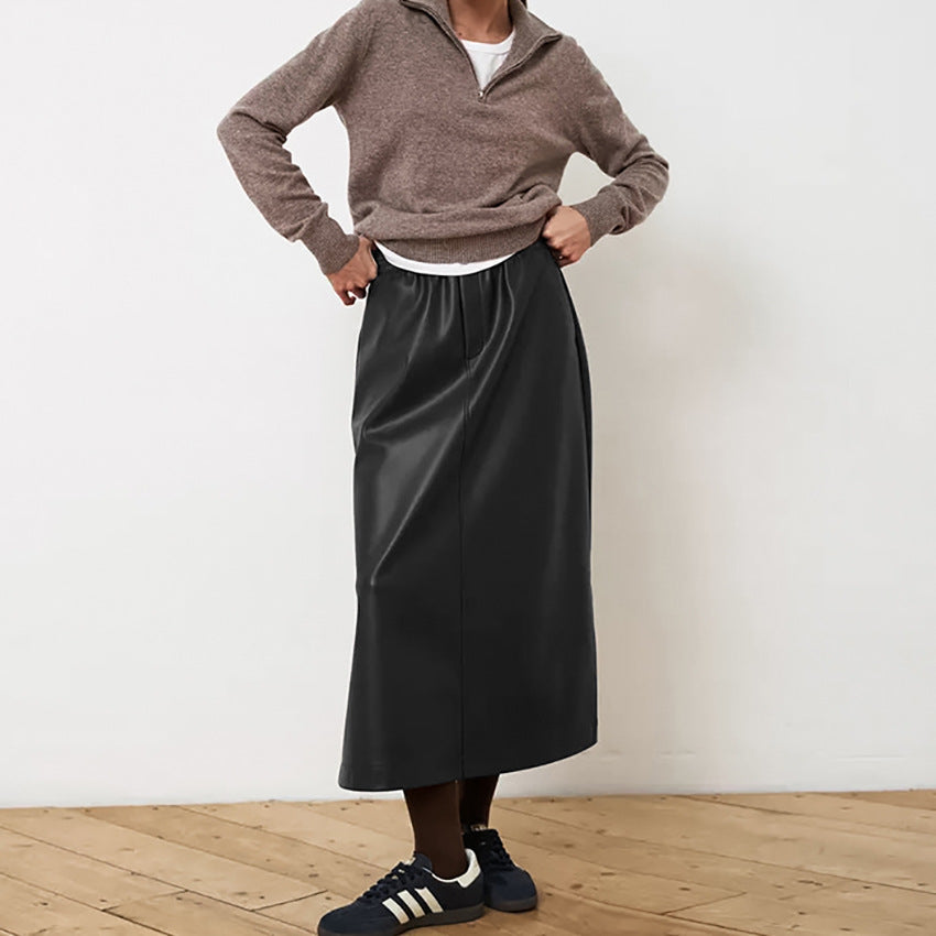 Black Vegan Leather Midi Skirt - A-Line Cut