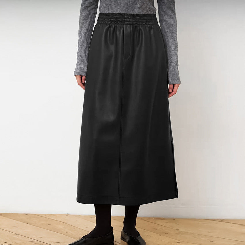 Black Vegan Leather Midi Skirt - A-Line Cut