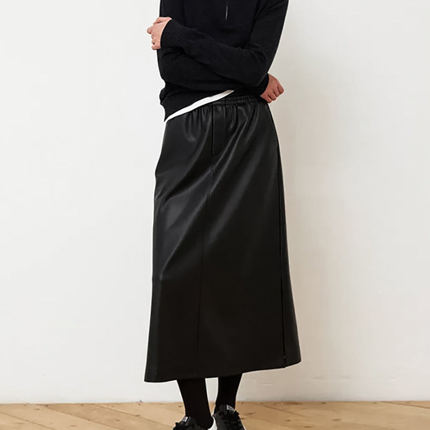Black Vegan Leather Midi Skirt - A-Line Cut