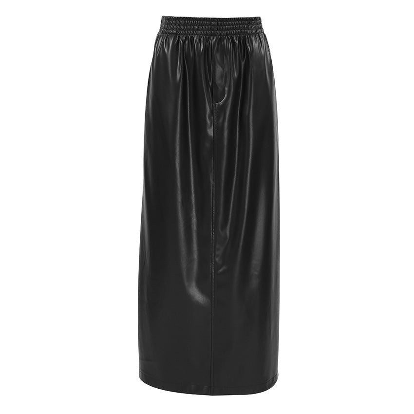 Black Vegan Leather Midi Skirt - A-Line Cut