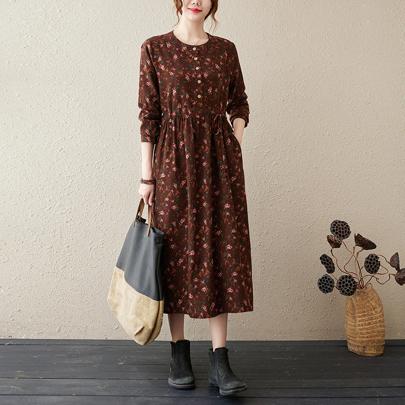 Autumn Gardens Midi Dress - Literary Floral Cotton Blend